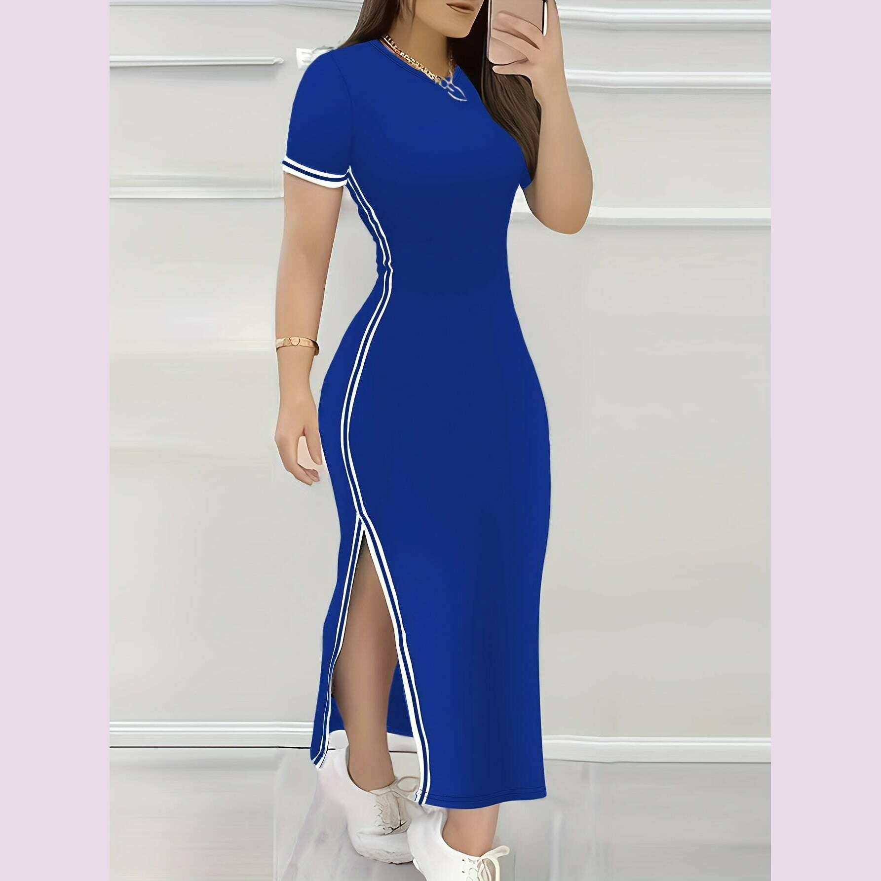contrast-trim-split-hem-bodycon-dress-elegant-crew-neck-short-sleeve-dress-for-spring-summer-womens-clothingkimlud-womens-fashion-34625798