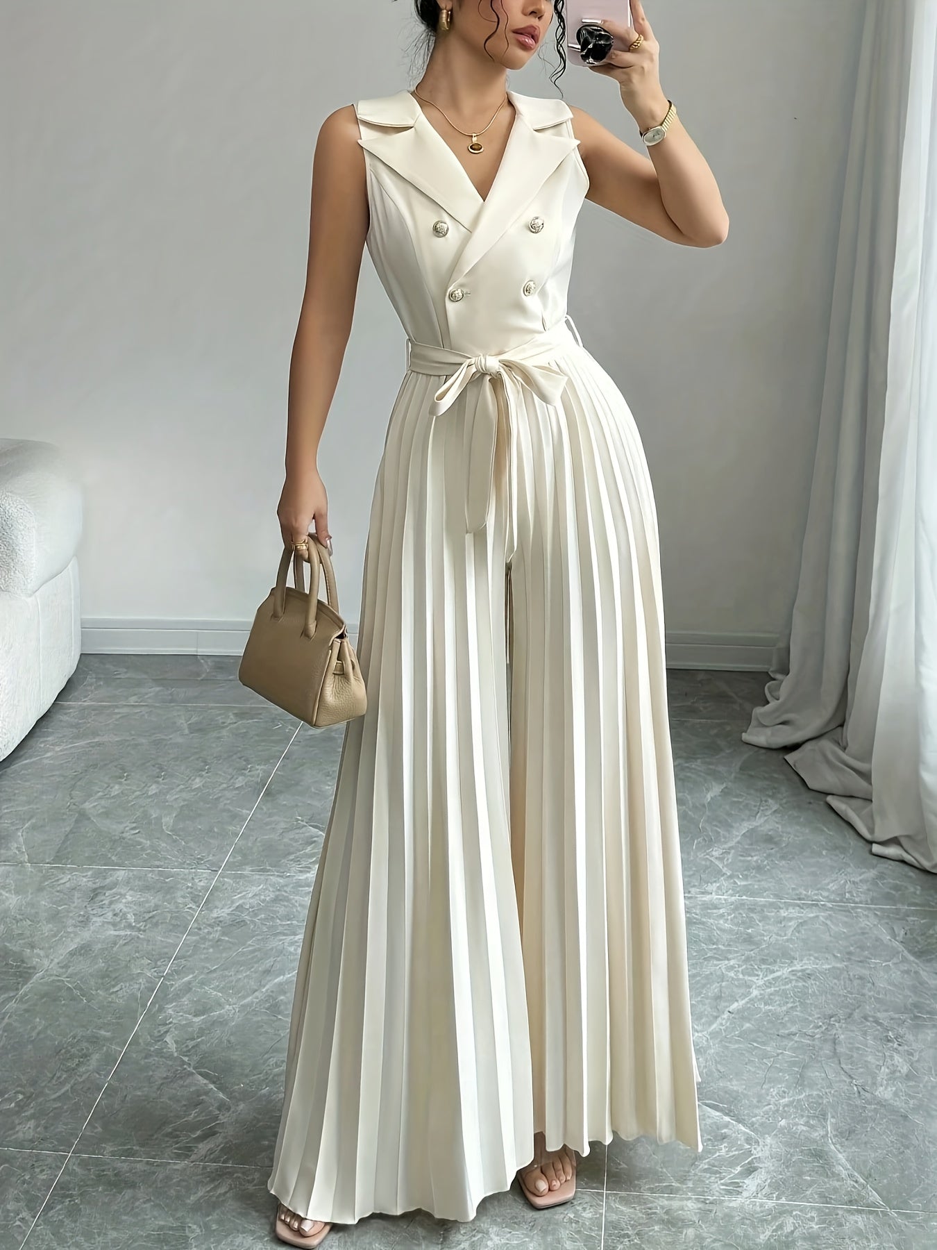 Women'S Elegant Double-Breasted Jumpsuit - Beige/Neutral Tones, Structured Formal & Casual Outfit with Belted Waist, Office Party Wedding Attire for Spring/Fall Seasons, Spring Fashion, Classic Silhouette, Polished Finish, Ve