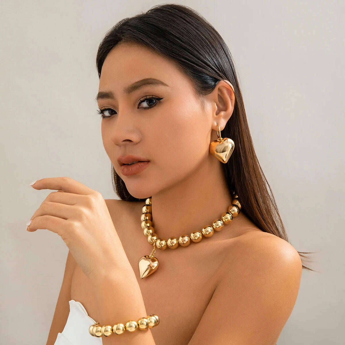 3Pcs Punk Love Heart Pendant Choker Necklace Bracelet for Women Vintage Piercing Drop Earring Grunge Jewelry Set Steampunk Men - KIMLUD