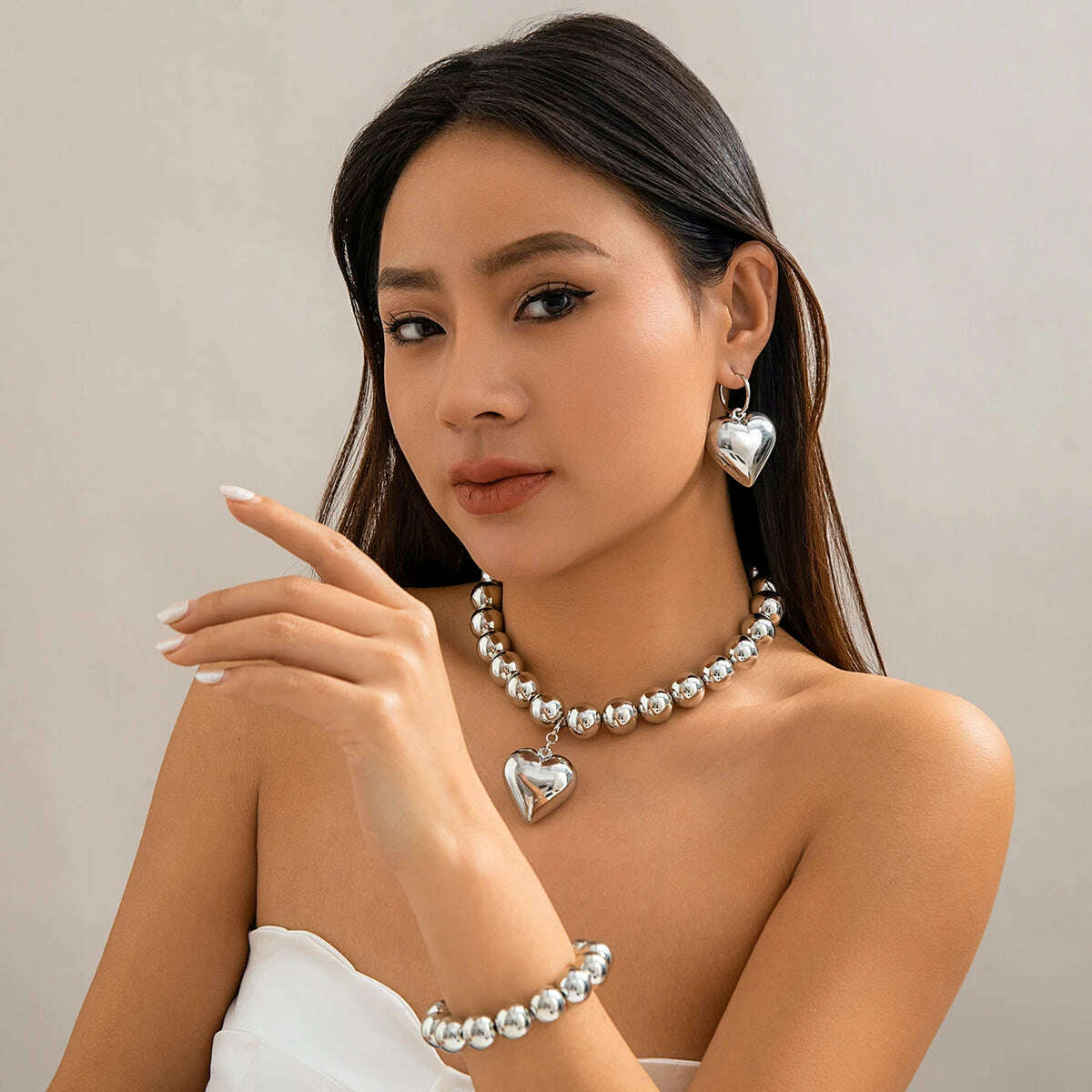 3Pcs Punk Love Heart Pendant Choker Necklace Bracelet for Women Vintage Piercing Drop Earring Grunge Jewelry Set Steampunk Men - KIMLUD