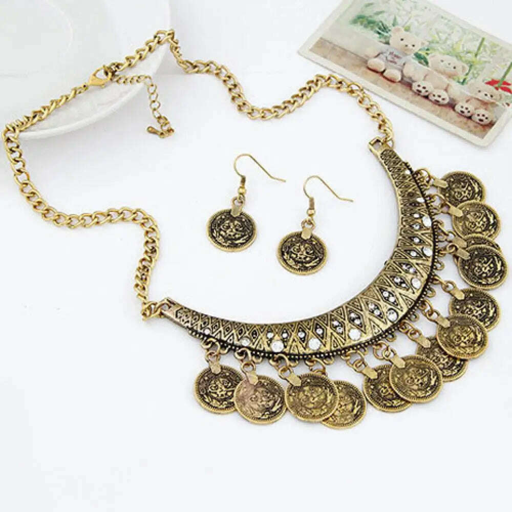KIMLUD, 3pcs/set Jewelry Sets Pendant Necklace Earrings Jewelry Set Women's Vintage Coin Style Choker Necklace Hook Earrings, KIMLUD Womens Clothes