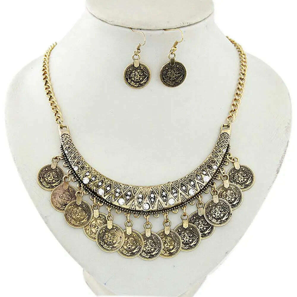 KIMLUD, 3pcs/set Jewelry Sets Pendant Necklace Earrings Jewelry Set Women's Vintage Coin Style Choker Necklace Hook Earrings, KIMLUD Womens Clothes