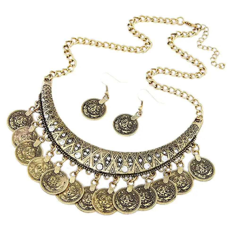 KIMLUD, 3pcs/set Jewelry Sets Pendant Necklace Earrings Jewelry Set Women's Vintage Coin Style Choker Necklace Hook Earrings, Golden, KIMLUD APPAREL - Womens Clothes