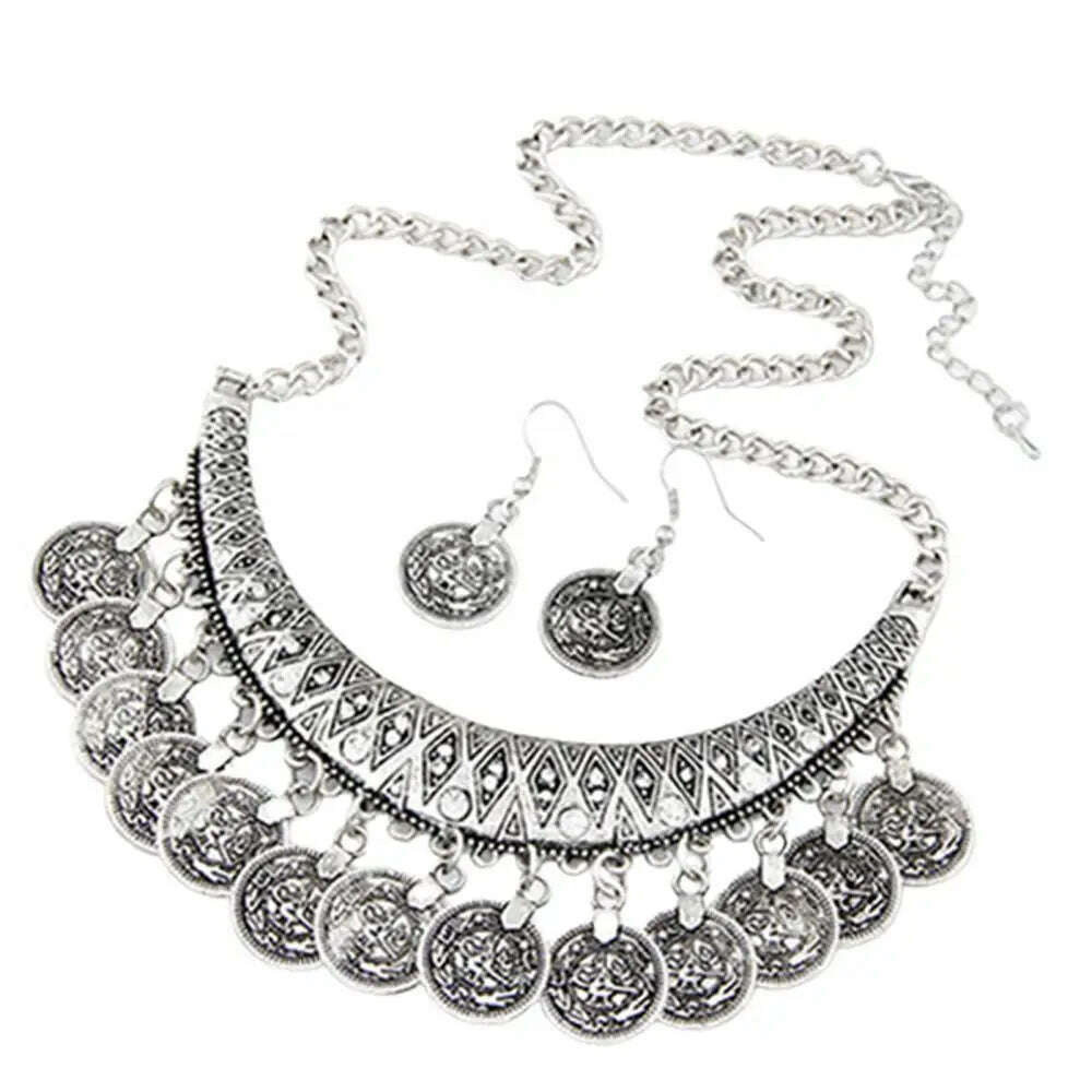 KIMLUD, 3pcs/set Jewelry Sets Pendant Necklace Earrings Jewelry Set Women's Vintage Coin Style Choker Necklace Hook Earrings, Silver, KIMLUD APPAREL - Womens Clothes