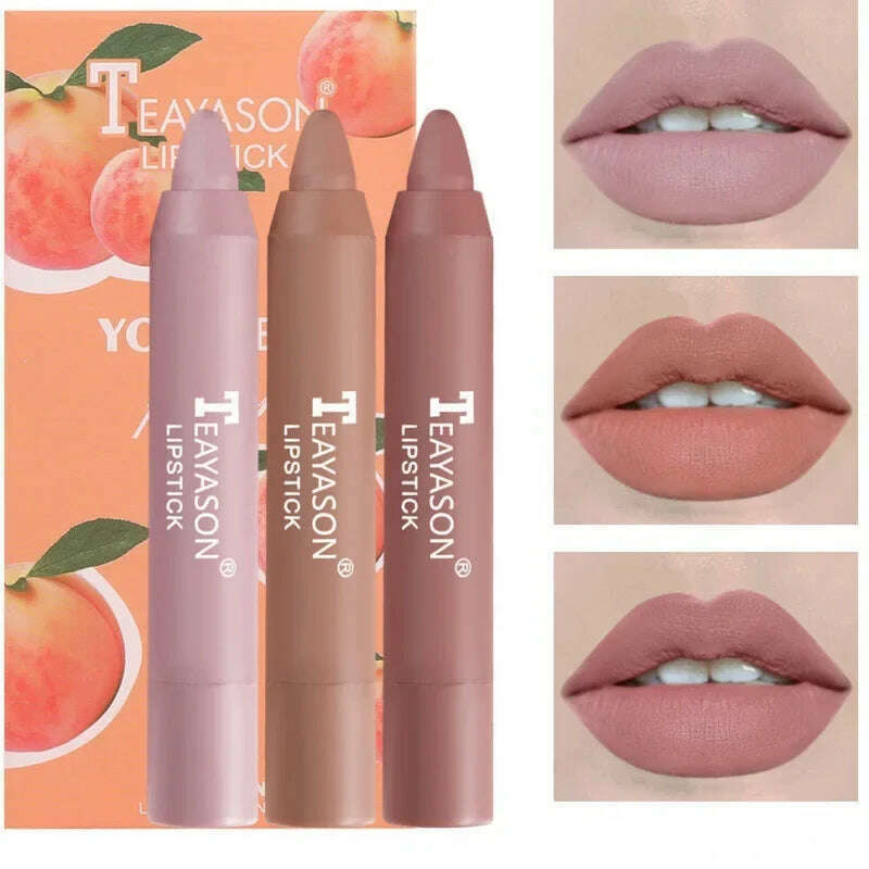 KIMLUD, 3PCS/set Velvet Matte Lipstick Pen Cosmetics Waterproof Lasting Nude Crayon Lipsticks Non Sticky Brown Lip Liner Pencil Makeup, 3PCS A, KIMLUD Womens Clothes