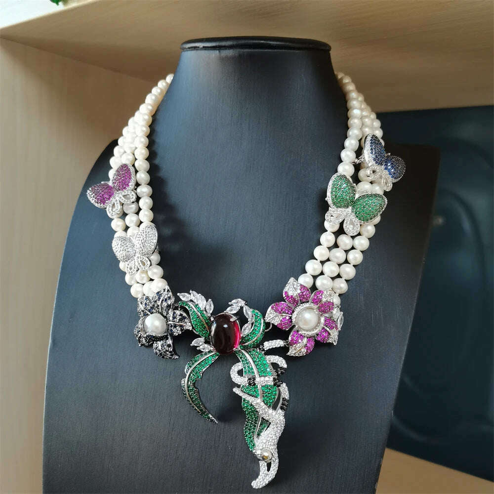 3rows 7-8mm white freshwater pearl necklace earrings set 45-50cm butterfly flower micro inlay zircon accessory - KIMLUD