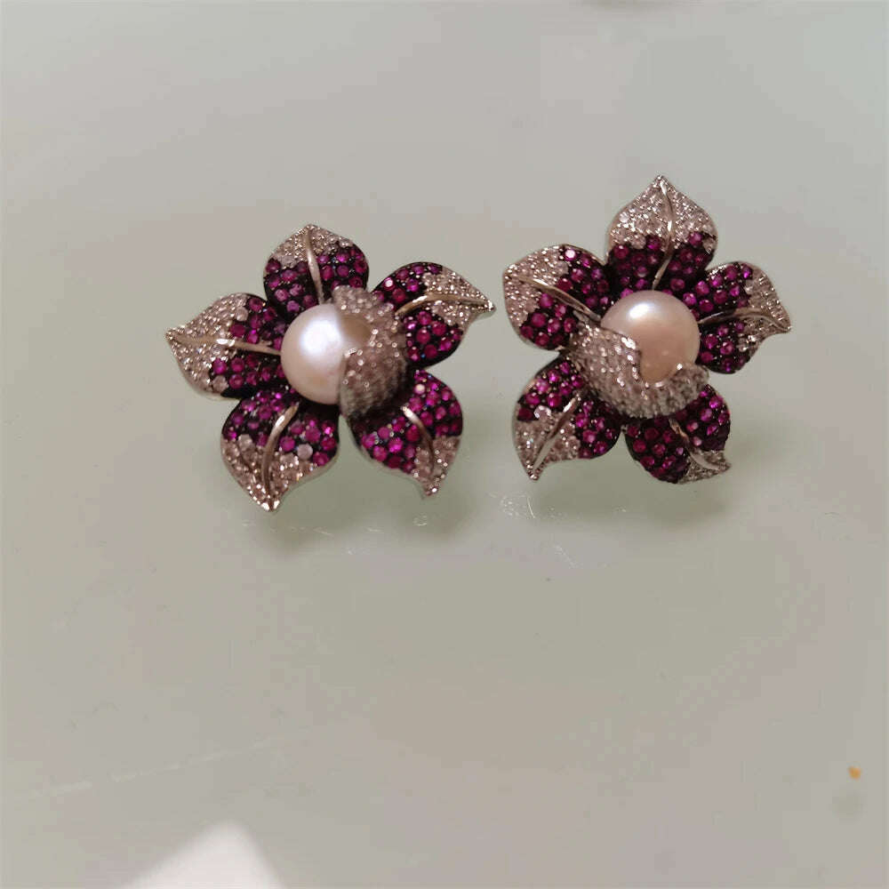 3rows 7-8mm white freshwater pearl necklace earrings set 45-50cm butterfly flower micro inlay zircon accessory - KIMLUD