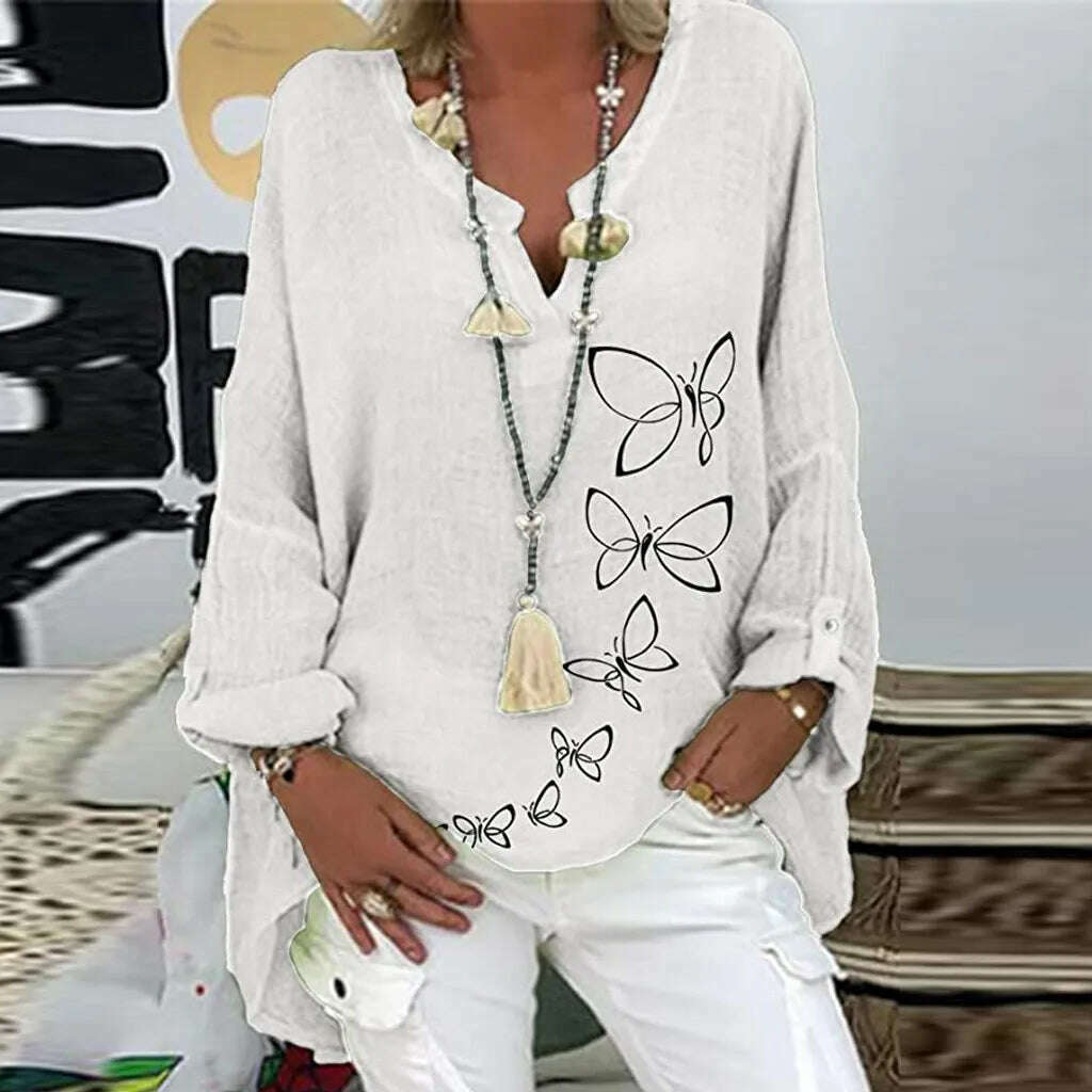 KIMLUD, 40# Vintage Cotton Linen Blouses Women Elegant Casual Floral Print Plus Size Shirt Long Sleeve V-neck Top Blusas Mujer De Moda, KIMLUD Womens Clothes