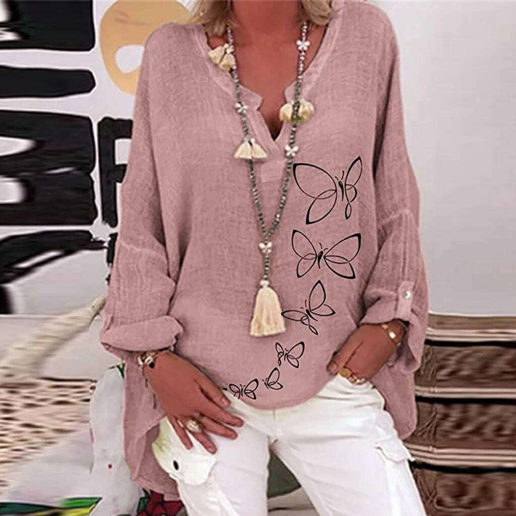 KIMLUD, 40# Vintage Cotton Linen Blouses Women Elegant Casual Floral Print Plus Size Shirt Long Sleeve V-neck Top Blusas Mujer De Moda, KIMLUD Womens Clothes