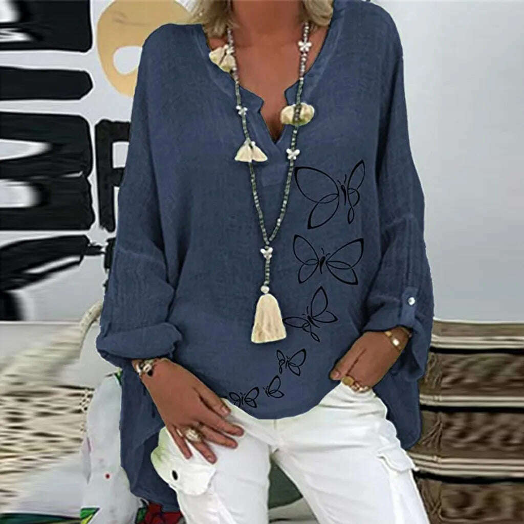 KIMLUD, 40# Vintage Cotton Linen Blouses Women Elegant Casual Floral Print Plus Size Shirt Long Sleeve V-neck Top Blusas Mujer De Moda, KIMLUD Womens Clothes