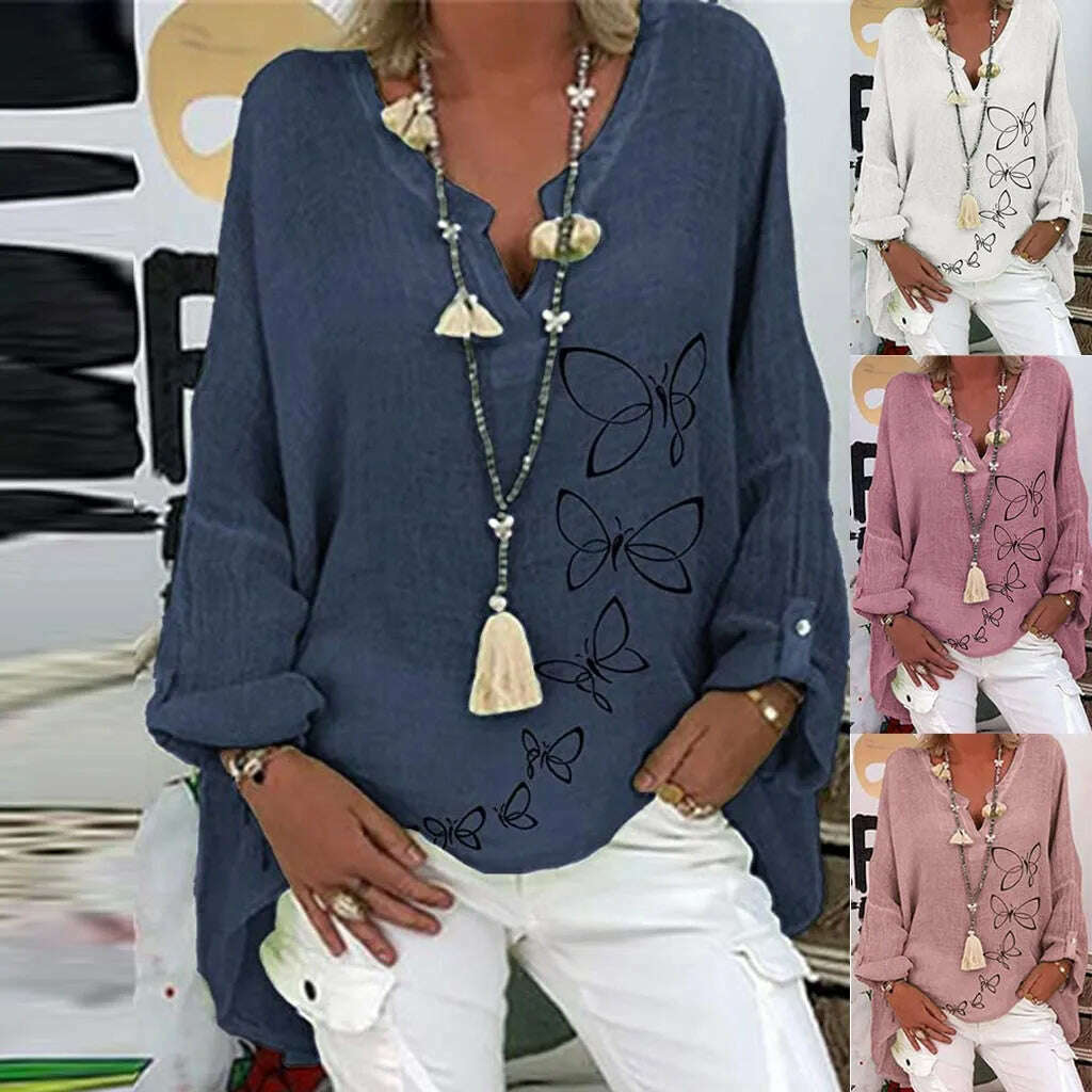 KIMLUD, 40# Vintage Cotton Linen Blouses Women Elegant Casual Floral Print Plus Size Shirt Long Sleeve V-neck Top Blusas Mujer De Moda, KIMLUD Womens Clothes