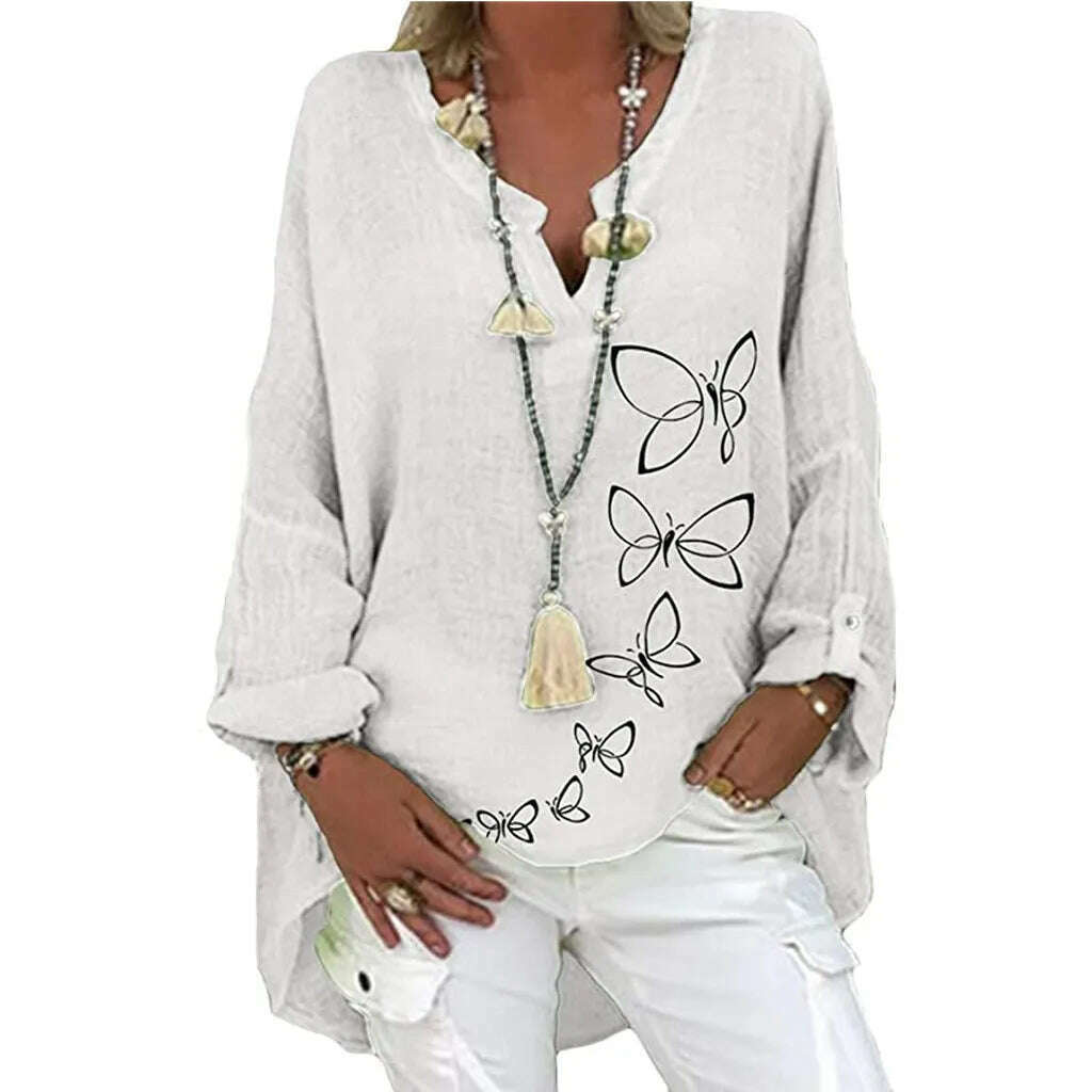 KIMLUD, 40# Vintage Cotton Linen Blouses Women Elegant Casual Floral Print Plus Size Shirt Long Sleeve V-neck Top Blusas Mujer De Moda, WH / L5 / United States, KIMLUD APPAREL - Womens Clothes