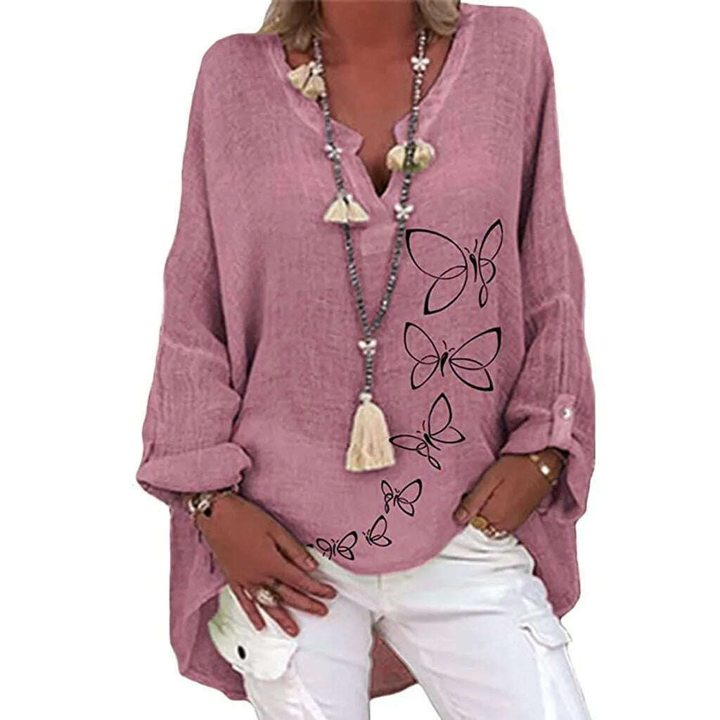 KIMLUD, 40# Vintage Cotton Linen Blouses Women Elegant Casual Floral Print Plus Size Shirt Long Sleeve V-neck Top Blusas Mujer De Moda, PP / XL / United States, KIMLUD APPAREL - Womens Clothes