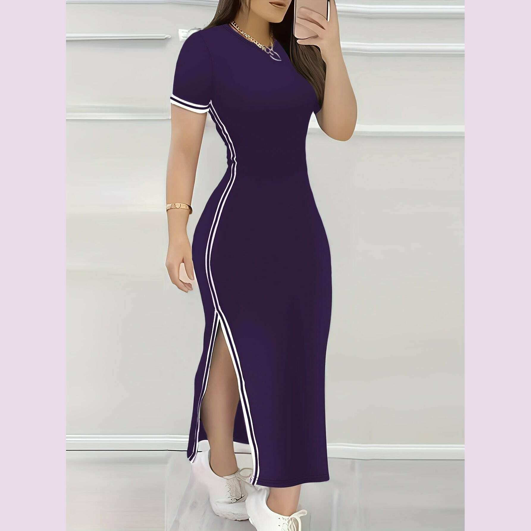 contrast-trim-split-hem-bodycon-dress-elegant-crew-neck-short-sleeve-dress-for-spring-summer-womens-clothingkimlud-womens-fashion-34625797