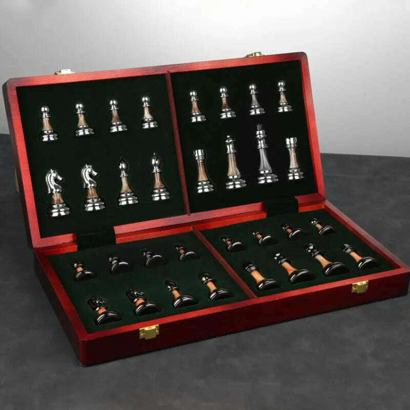 KIMLUD, 45CM Wooden Chess Set Luxury Metal Chess Figures Professional Folding Family Classic Board Games Chess Home Ornaments Collection, KIMLUD Womens Clothes