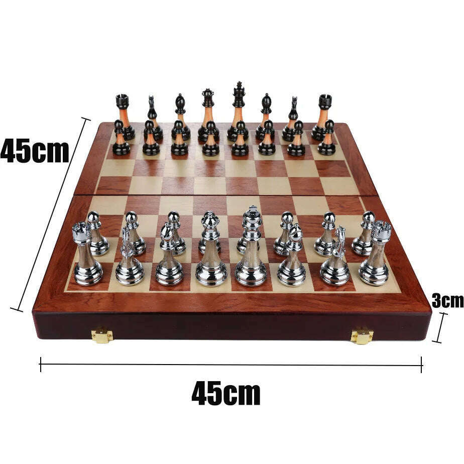 45X45X3cm Luxury Metal Retro European Decoration Sets Wooden Chess Figures Family Classic Solid Folding Checkerboard Professiona - KIMLUD