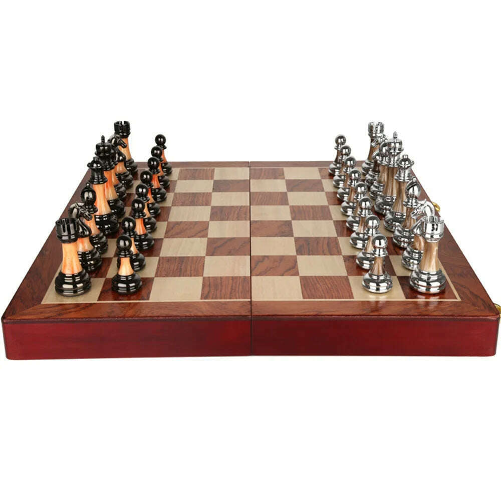 45X45X3cm Luxury Metal Retro European Decoration Sets Wooden Chess Figures Family Classic Solid Folding Checkerboard Professiona - KIMLUD
