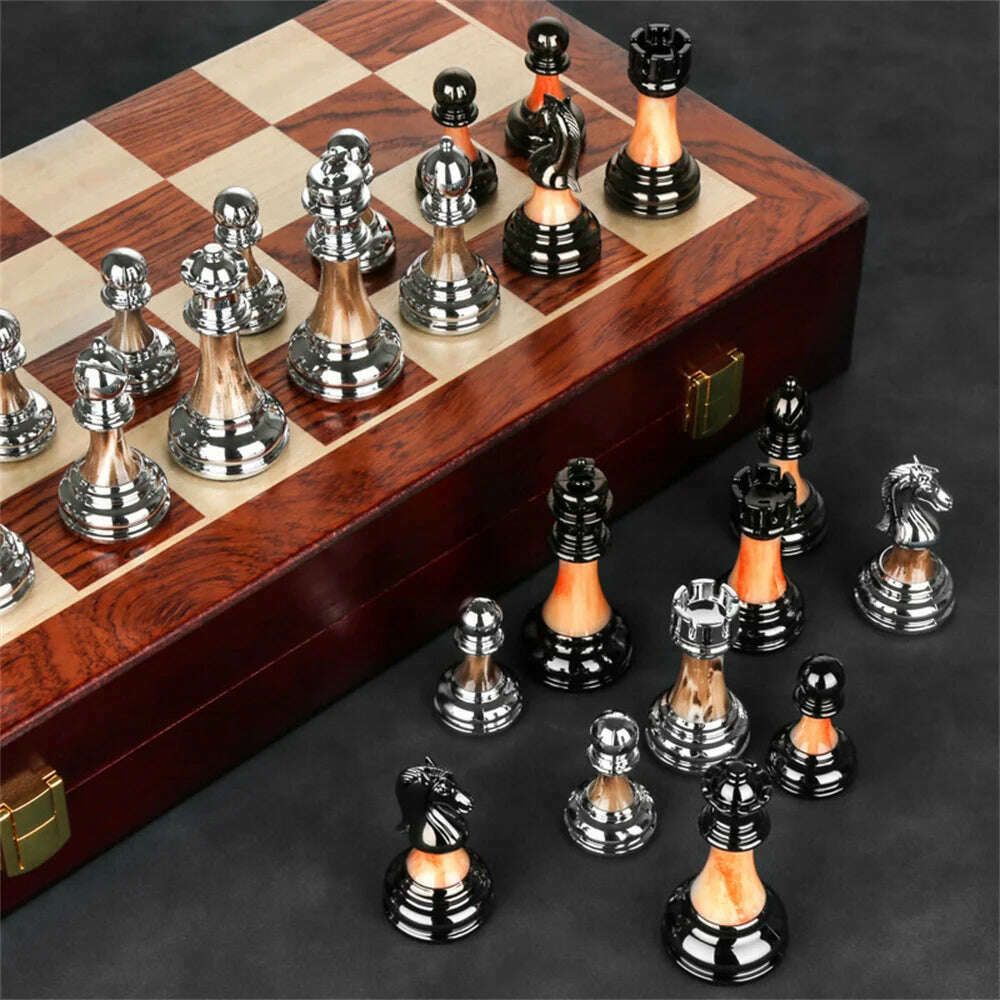 45X45X3cm Luxury Metal Retro European Decoration Sets Wooden Chess Figures Family Classic Solid Folding Checkerboard Professiona - KIMLUD