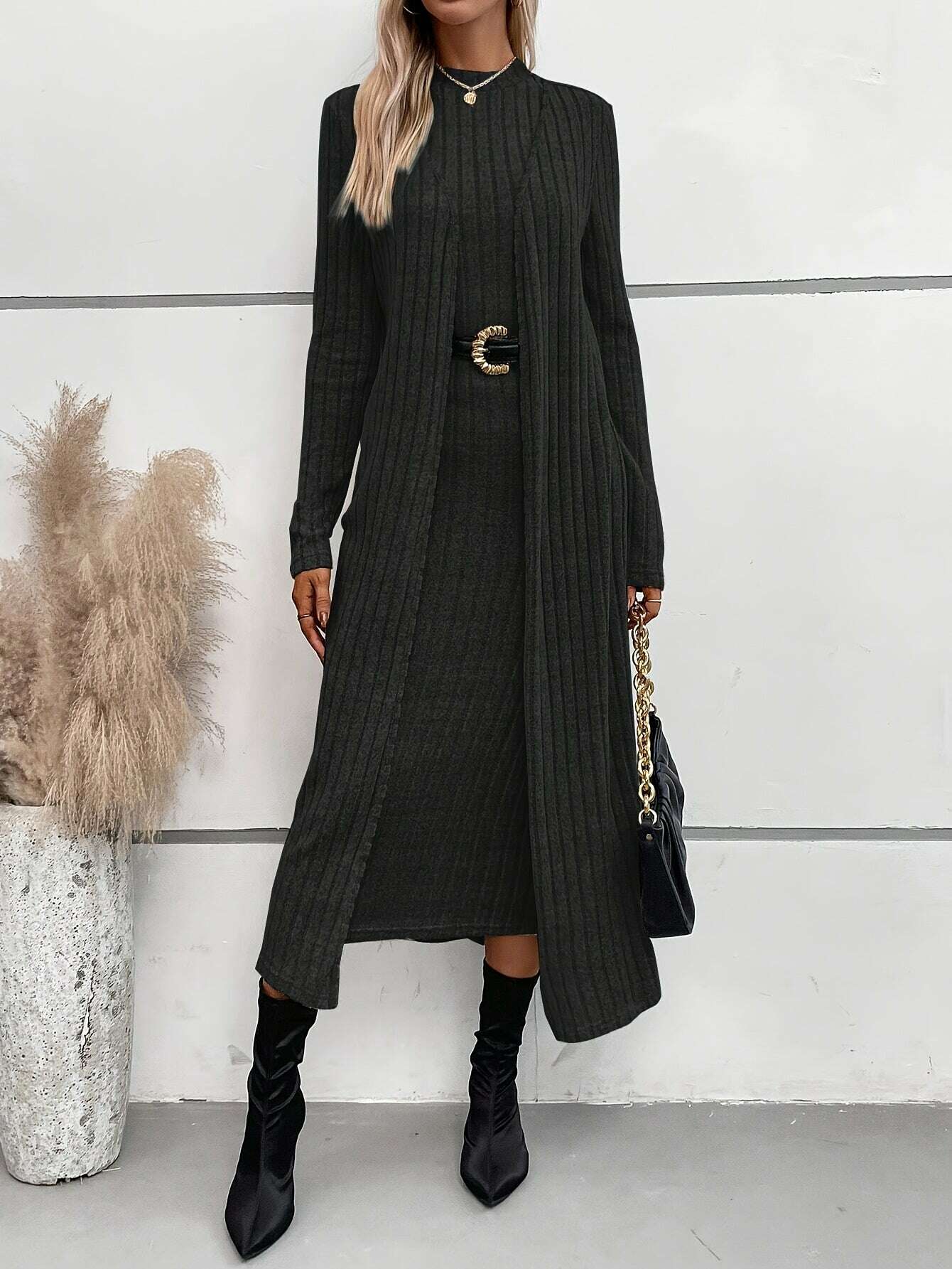 KIMLUD, Elegant Ribbed Knit Two-Piece Set for Women - Comfy Long Sleeve Cardigan & Bodycon Dress, Machine Washable, KIMLUD Womens Clothes