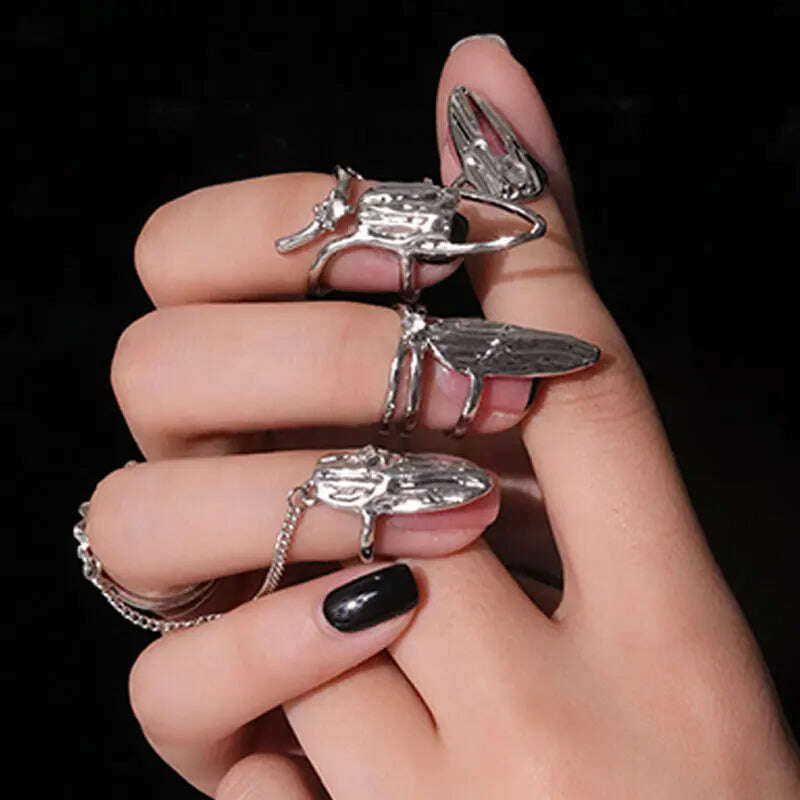 4Pcs/Set CyberPunk Metal Chain Alien Lava Zircon Decorate Nail Ring for Women Cool Girl Party Personality Y2K Jewelry HUANZHI - KIMLUD