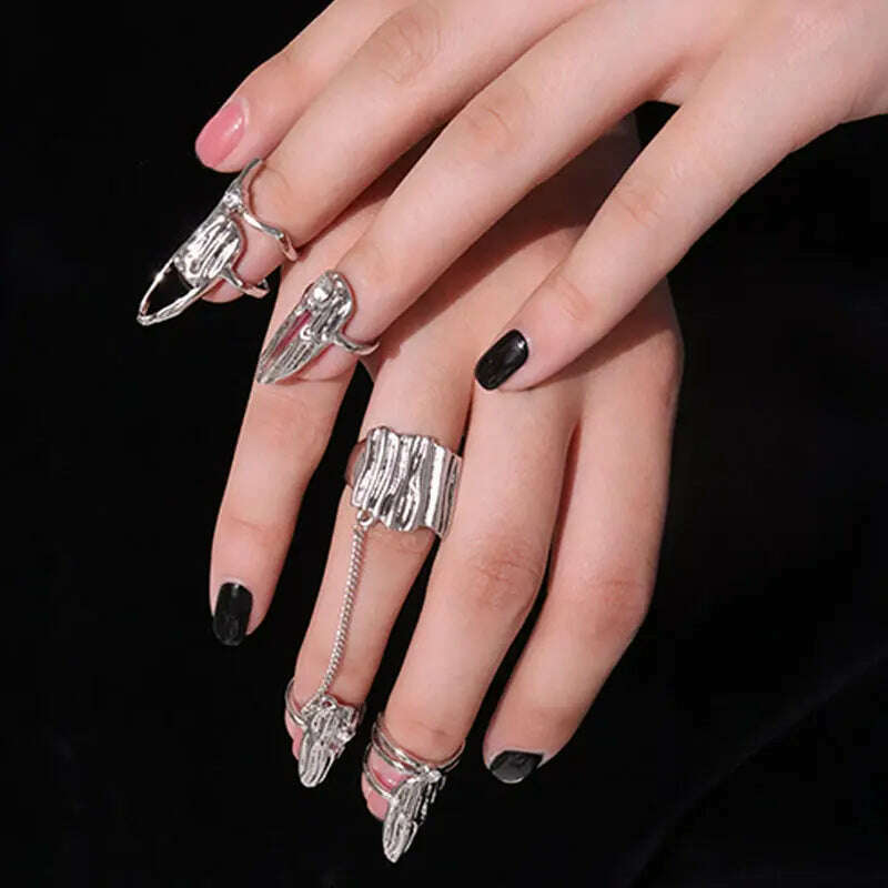 4Pcs/Set CyberPunk Metal Chain Alien Lava Zircon Decorate Nail Ring for Women Cool Girl Party Personality Y2K Jewelry HUANZHI - KIMLUD