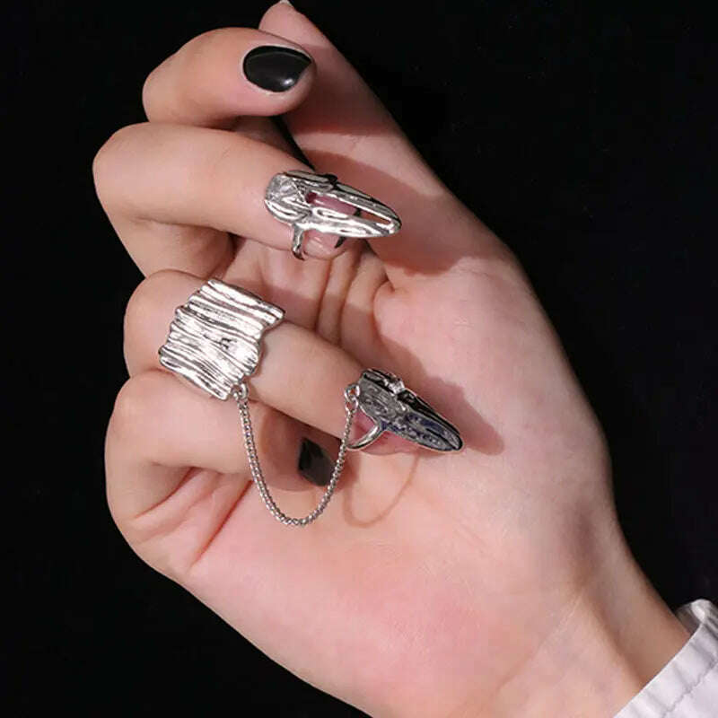 4Pcs/Set CyberPunk Metal Chain Alien Lava Zircon Decorate Nail Ring for Women Cool Girl Party Personality Y2K Jewelry HUANZHI - KIMLUD
