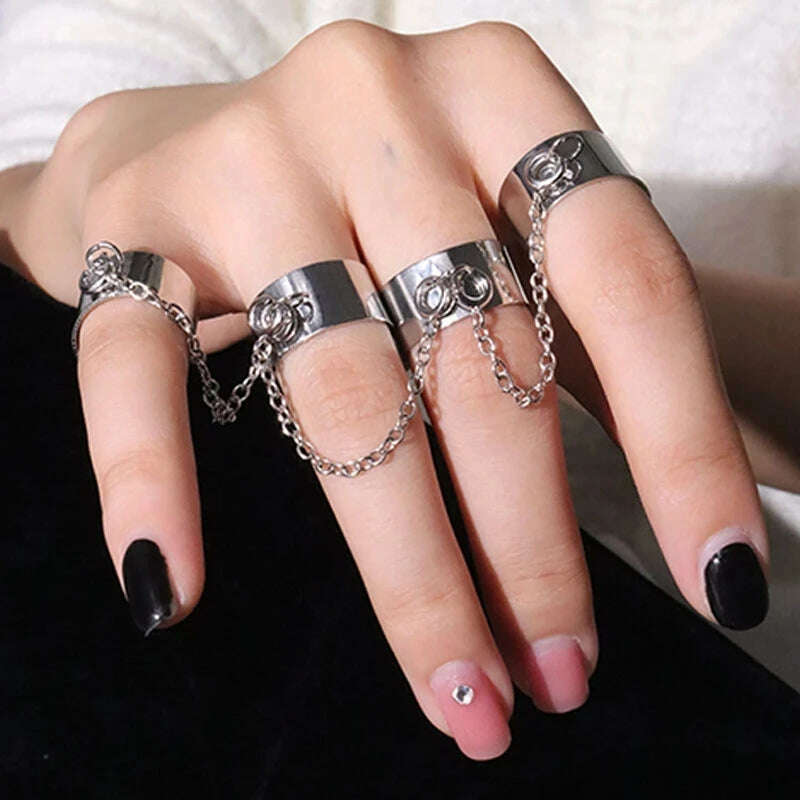 4Pcs/Set CyberPunk Metal Chain Alien Lava Zircon Decorate Nail Ring for Women Cool Girl Party Personality Y2K Jewelry HUANZHI - KIMLUD