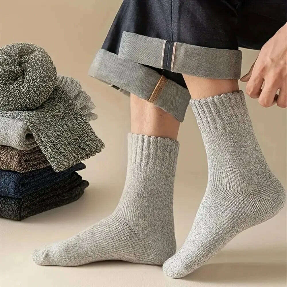 5 Pairs Men's Retro Solid Color Casual Wool Socks Winter Warm Mid Length Sock Ultra Thick Harajuku Men Antifreeze Cashmere Socks - KIMLUD