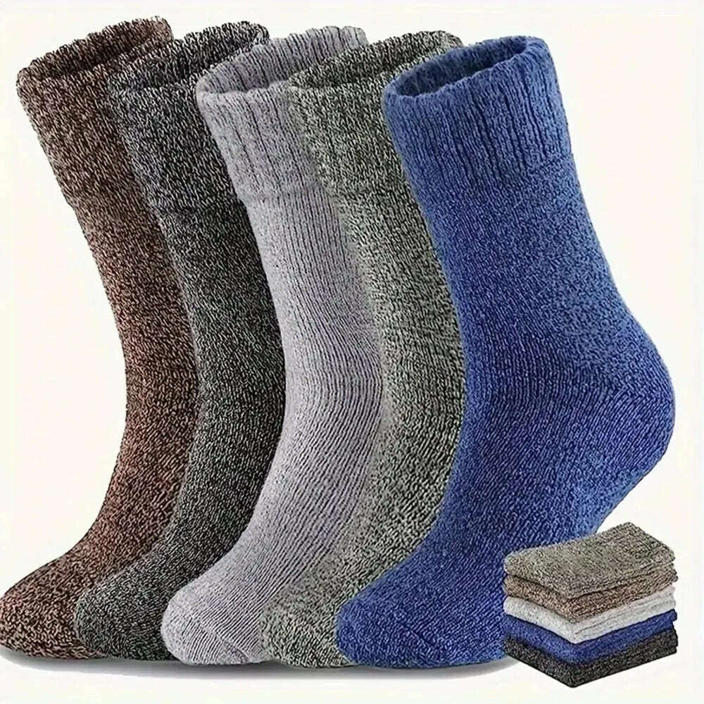 5 Pairs Men's Retro Solid Color Casual Wool Socks Winter Warm Mid Length Sock Ultra Thick Harajuku Men Antifreeze Cashmere Socks - KIMLUD