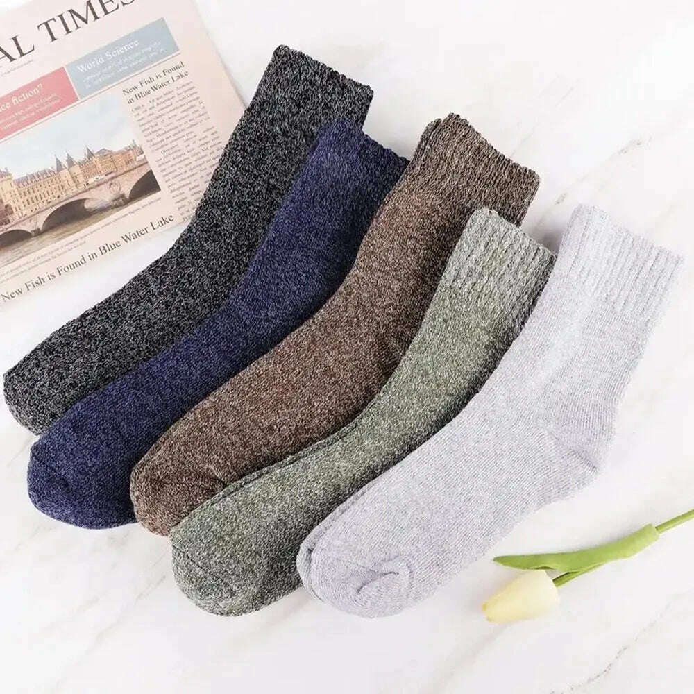 5 Pairs Men's Retro Solid Color Casual Wool Socks Winter Warm Mid Length Sock Ultra Thick Harajuku Men Antifreeze Cashmere Socks - KIMLUD