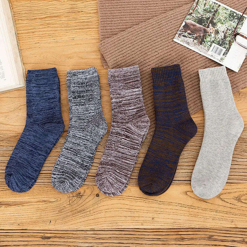 5 Pairs Solid Color Wool Socks Men Business Casual Breathable Spring Winter Keep Warm Thicken Male Crew Socks Calcetines Hombre - KIMLUD
