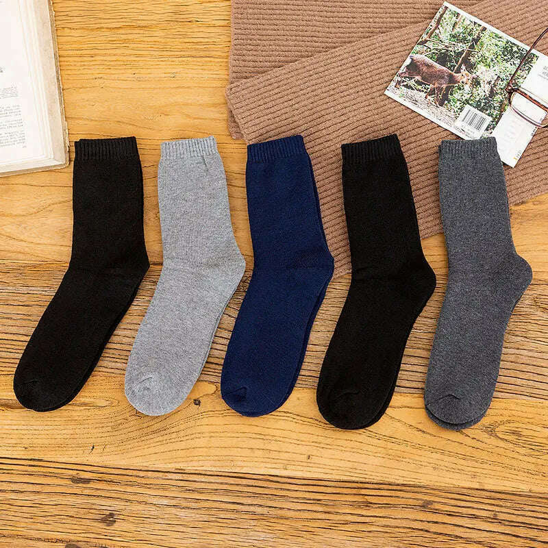 5 Pairs Solid Color Wool Socks Men Business Casual Breathable Spring Winter Keep Warm Thicken Male Crew Socks Calcetines Hombre - KIMLUD