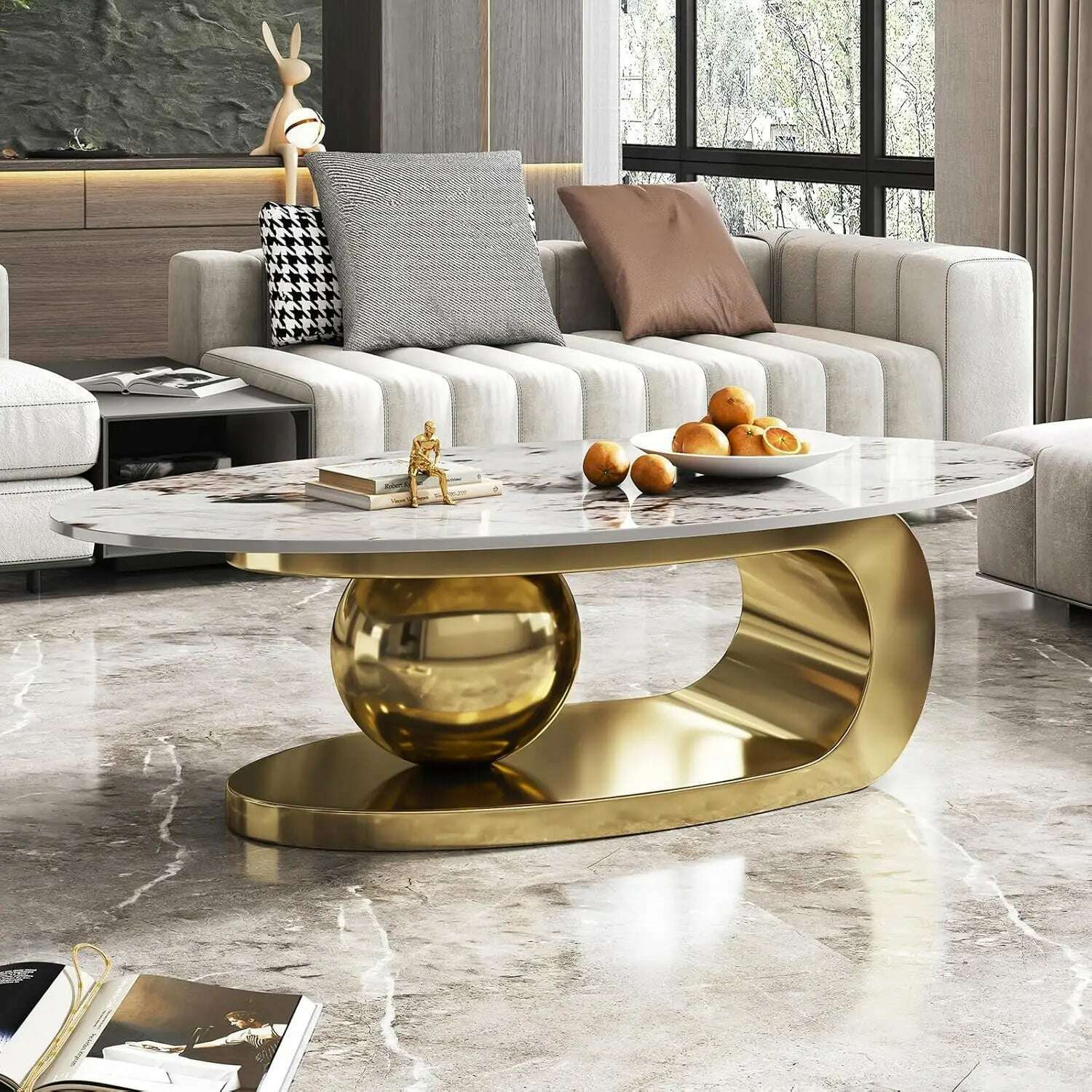 51" Lx28 Wx16.5 H.Modern Oval Stone Coffee Table with Abstract Gold Metal Base - Perfect Centerpiece for Stylish Living Rooms-Go - KIMLUD