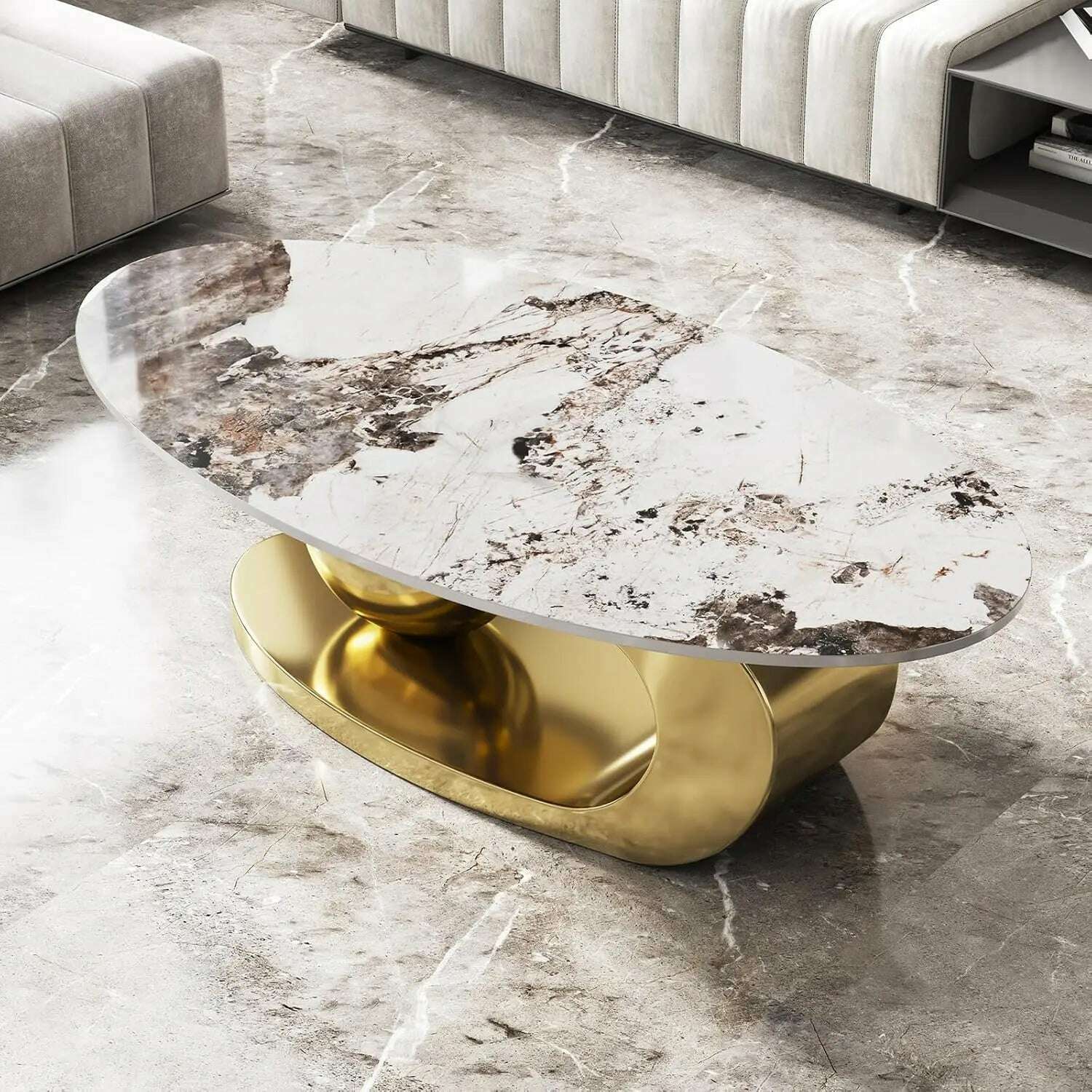 51" Lx28 Wx16.5 H.Modern Oval Stone Coffee Table with Abstract Gold Metal Base - Perfect Centerpiece for Stylish Living Rooms-Go - KIMLUD
