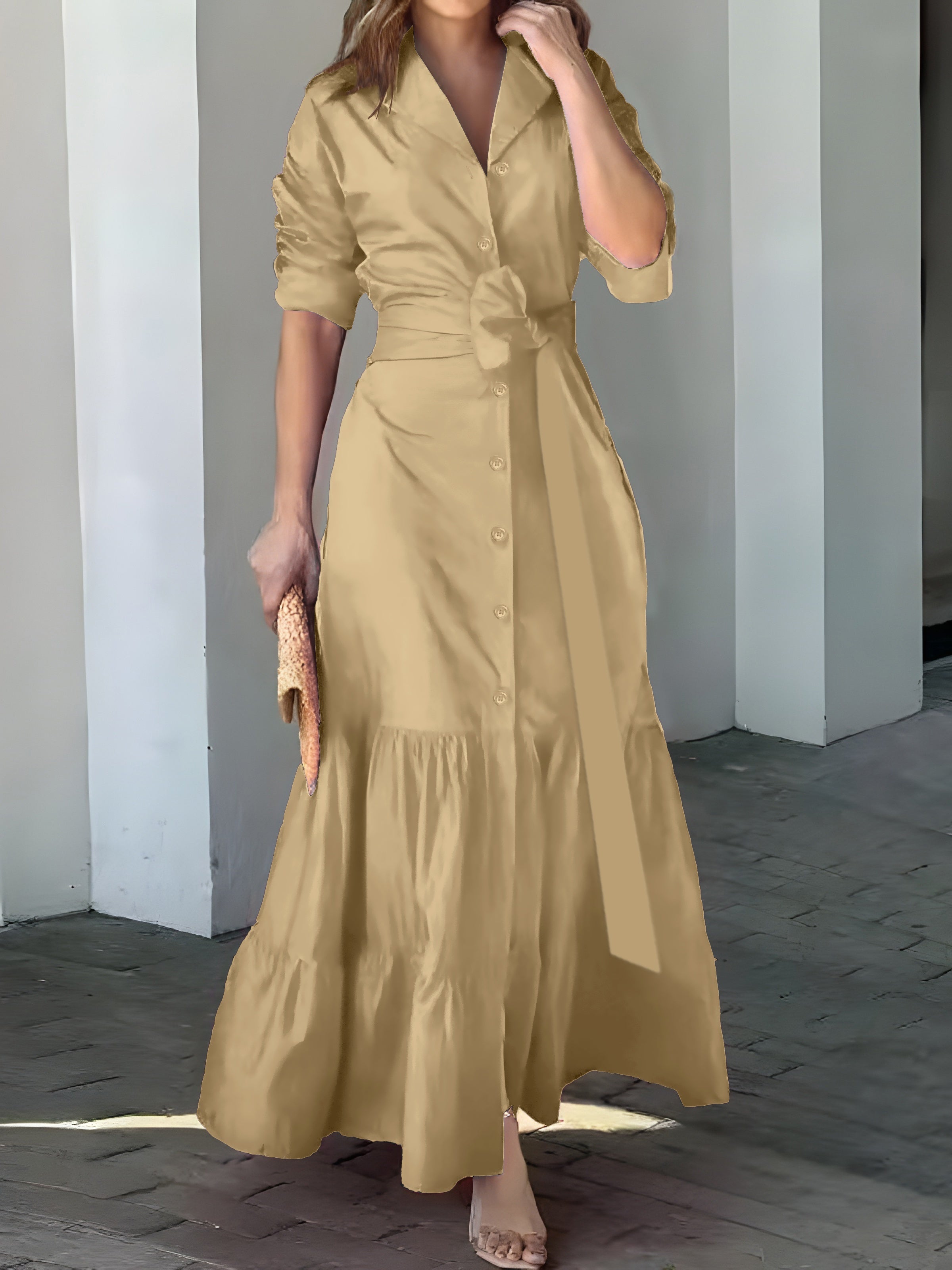 Stunning Ruffled Maxi Dress - Solid Button Front, Belted Waist, Elegant Ruched Sleeve, Flowy Design, Women's Clothing for Special Occasions
