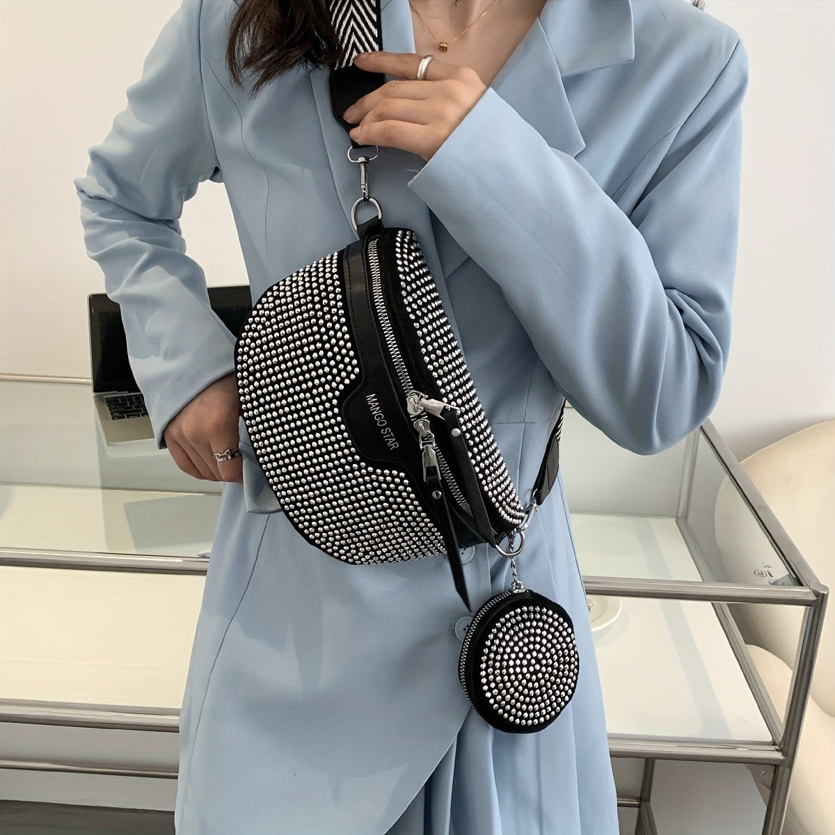 KIMLUD, Rhinestone Waist Bag With Coin Purse, Fashion Crossbody Bag, Women's Glitter Chest Bag for Carnaval Music Festival, KIMLUD Womens Clothes