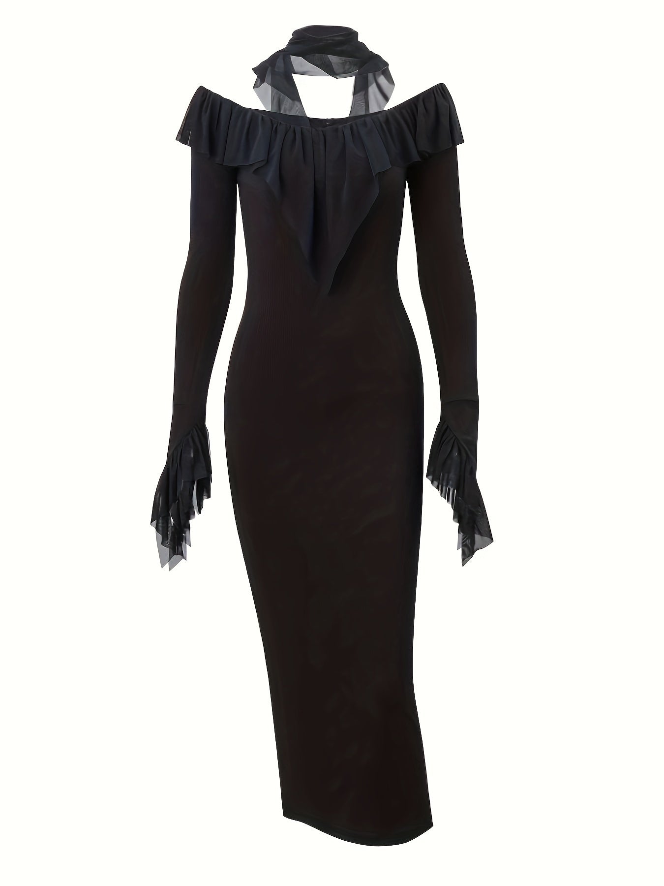 Off-shoulder Ruffle Trim Dress, Lace Decor Long Sleeve Bodycon Dress, Women's Clothing