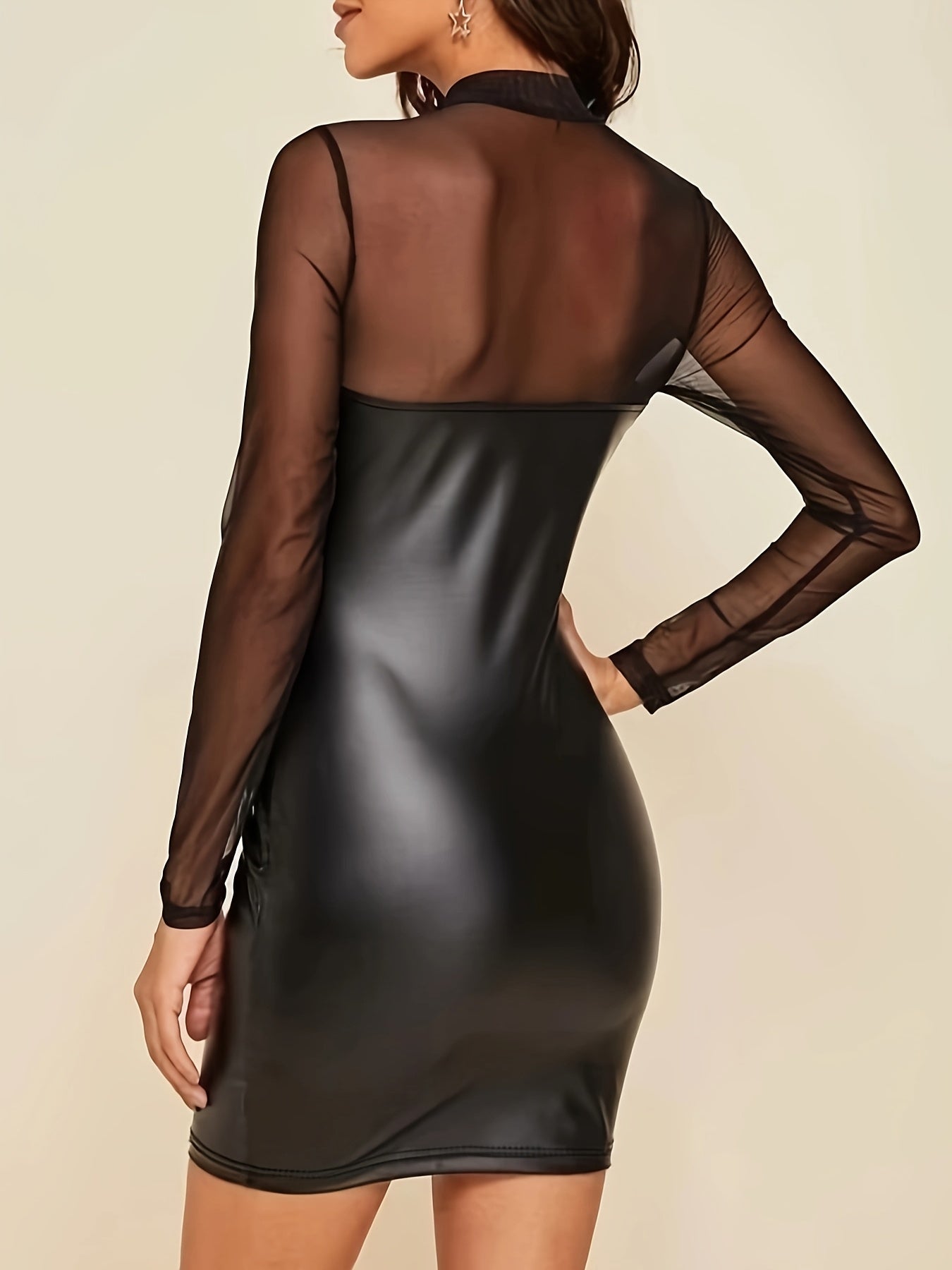 European And American Fashion Casual Solid Color Mesh Spliced Bodycon Dress for Women