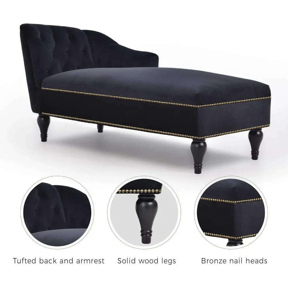 58" Velvet Chaise,Button Tufted Arm Facing Chair with Solid Wood Legs for Living Room or Office,Sleeper Lounge Sofa,Black - KIMLUD