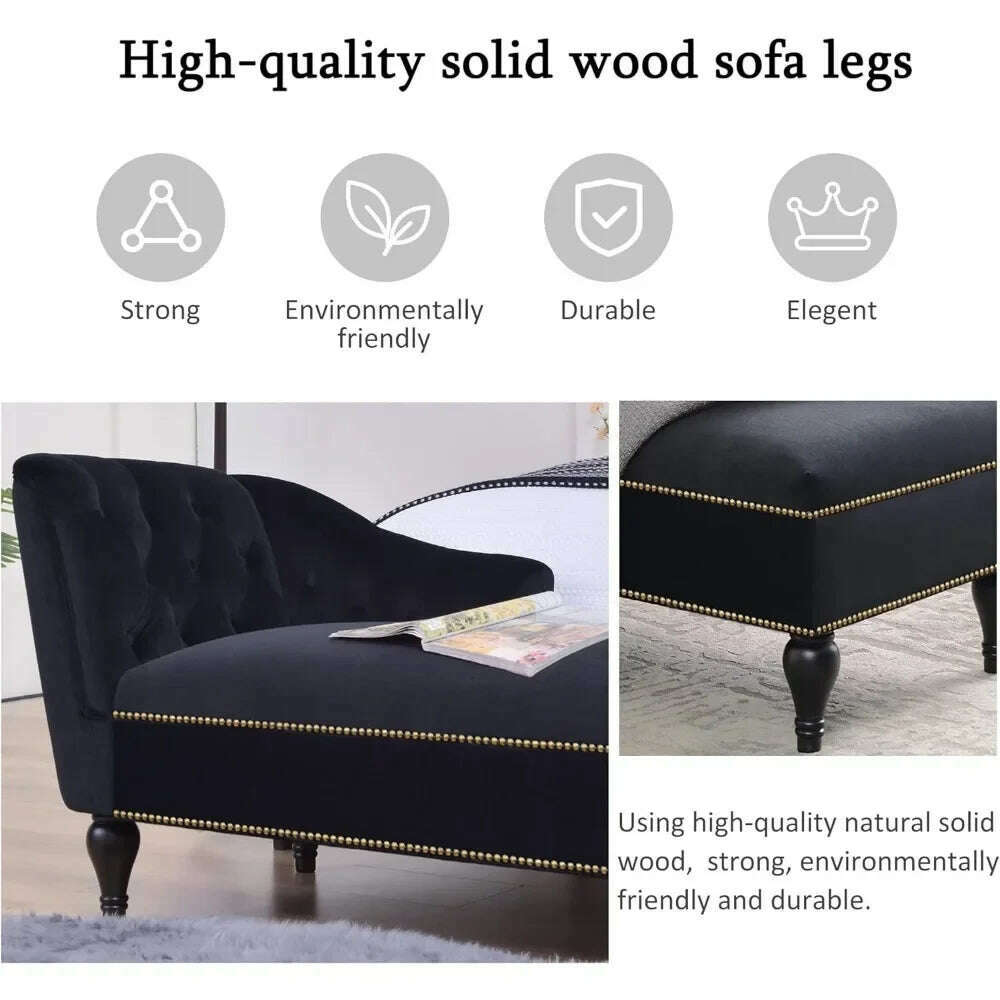 58" Velvet Chaise,Button Tufted Arm Facing Chair with Solid Wood Legs for Living Room or Office,Sleeper Lounge Sofa,Black - KIMLUD