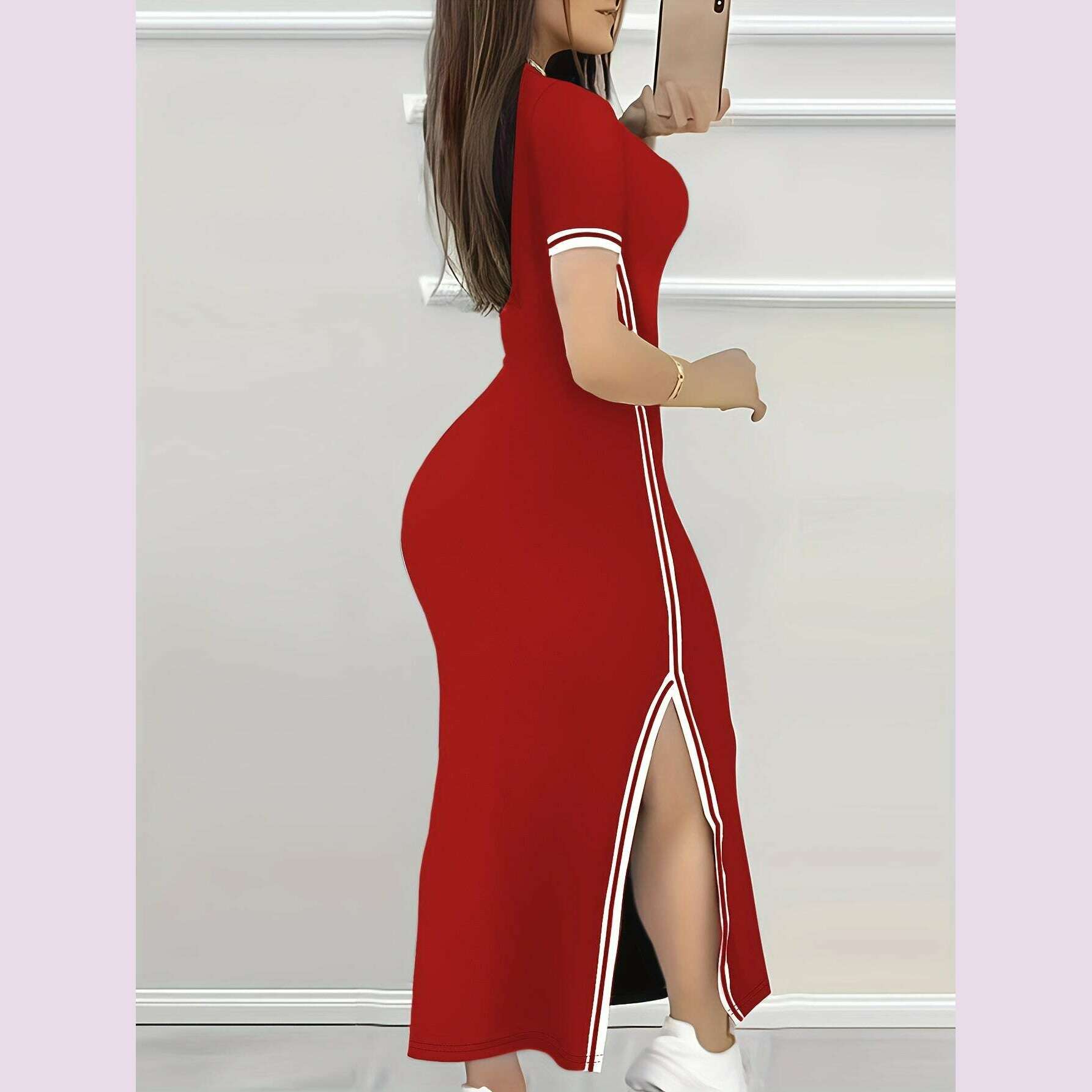 contrast-trim-split-hem-bodycon-dress-elegant-crew-neck-short-sleeve-dress-for-spring-summer-womens-clothingkimlud-womens-fashion-34625806