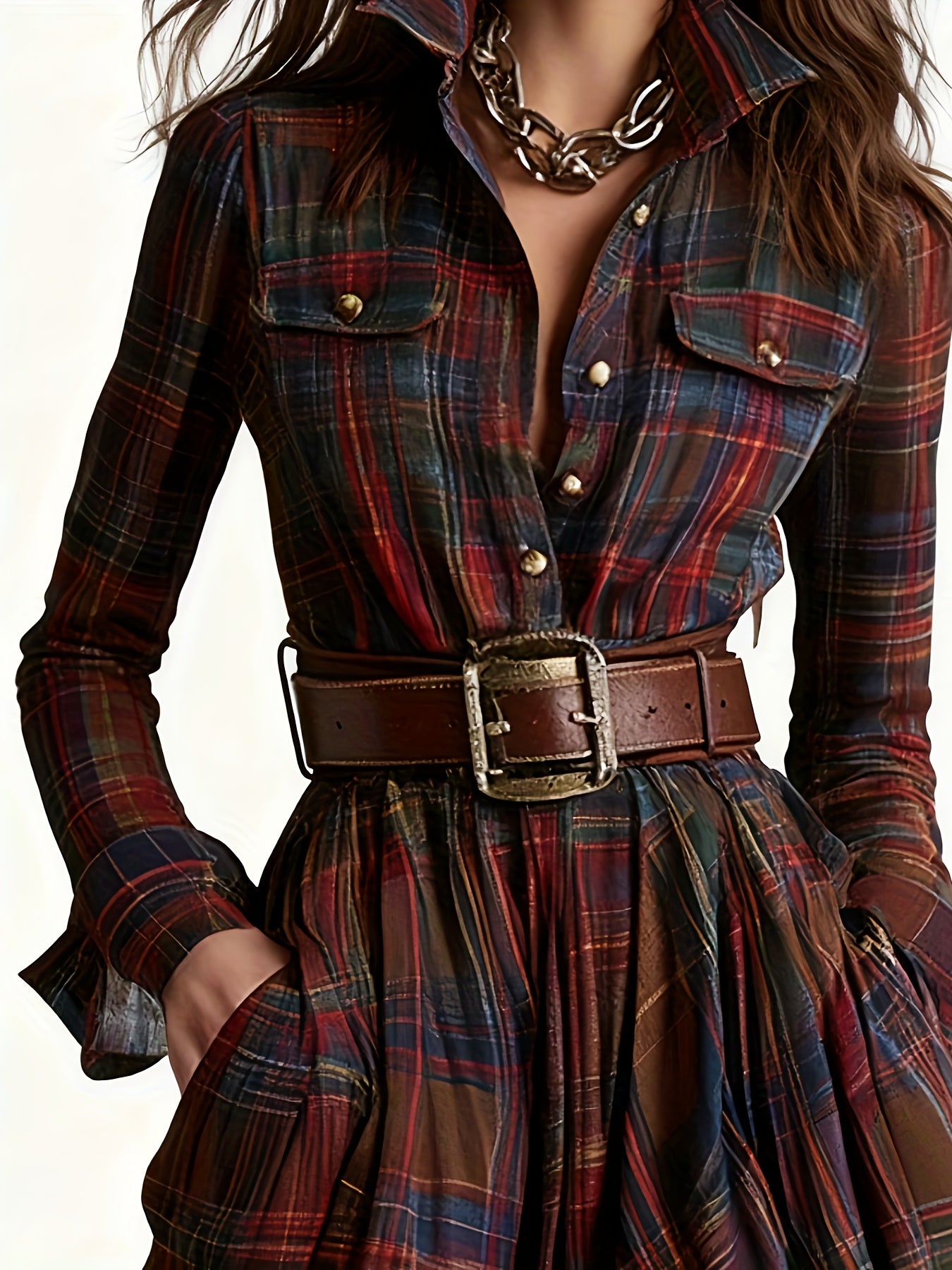 Women'S Vintage Western Plaid Shirt Dress - Long Sleeve A-Line Maxi Dress with V-Neck Collar & Belted Waist, All-Season Elegant Retro Outfit for Casual to Formal Events, Brown/Red Tartan Print, Structured Fit & Flowy Skirt
