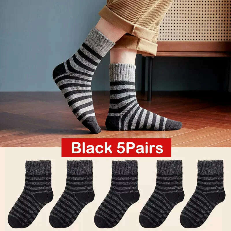 KIMLUD, 5pair Winter Thick Socks Men Super Thicker Solid Sock Striped Merino Wool Rabbit Socks Against Cold Snow Russia Winter Warm Sock, style 02 Black, KIMLUD APPAREL - Womens Clothes