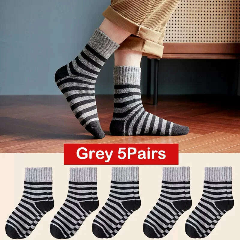 KIMLUD, 5pair Winter Thick Socks Men Super Thicker Solid Sock Striped Merino Wool Rabbit Socks Against Cold Snow Russia Winter Warm Sock, style 02 light grey, KIMLUD APPAREL - Womens Clothes