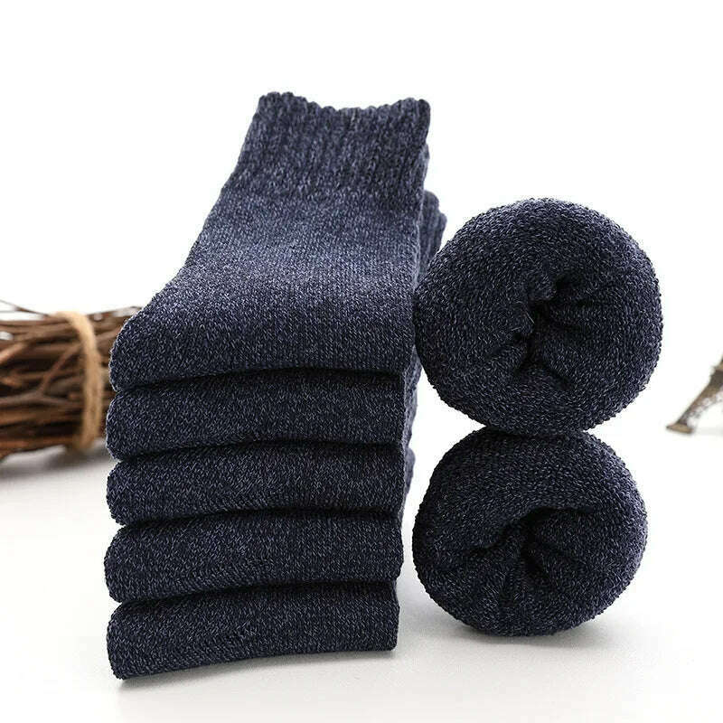 KIMLUD, 5Pairs Super Thick Winter Woolen Merino Socks for Men Towel Thermal Warm Sport Socks Cotton Male's Cold Snow Boot Terry Sock, Navy blue- Solid / 5pairs, KIMLUD Womens Clothes