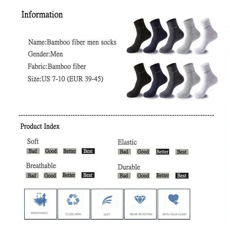 5Pairs/Men's Bamboo Fiber Socks Business Black Mid-tube Socks Deodorant Absorbent Breathable Spring Summer Bamboo Socks for Men - KIMLUD