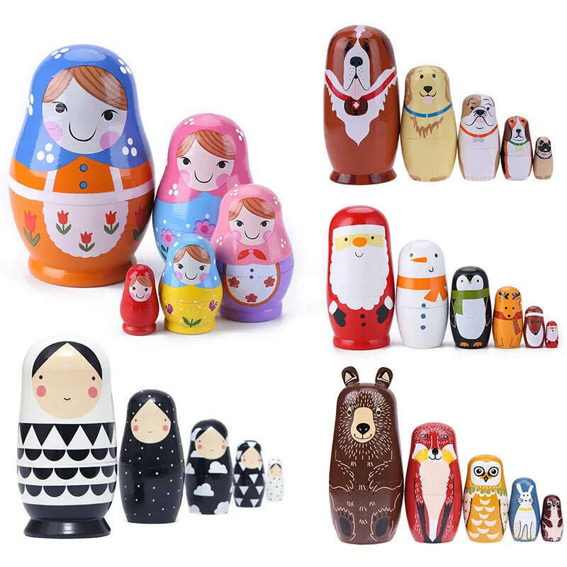 KIMLUD, 5PCS Matryoshka Dolls Nesting Dolls Cute Wood Russian Montessori Nesting Doll DIY Paint Skill Training Children Christmas Gift, KIMLUD Women's Clothes