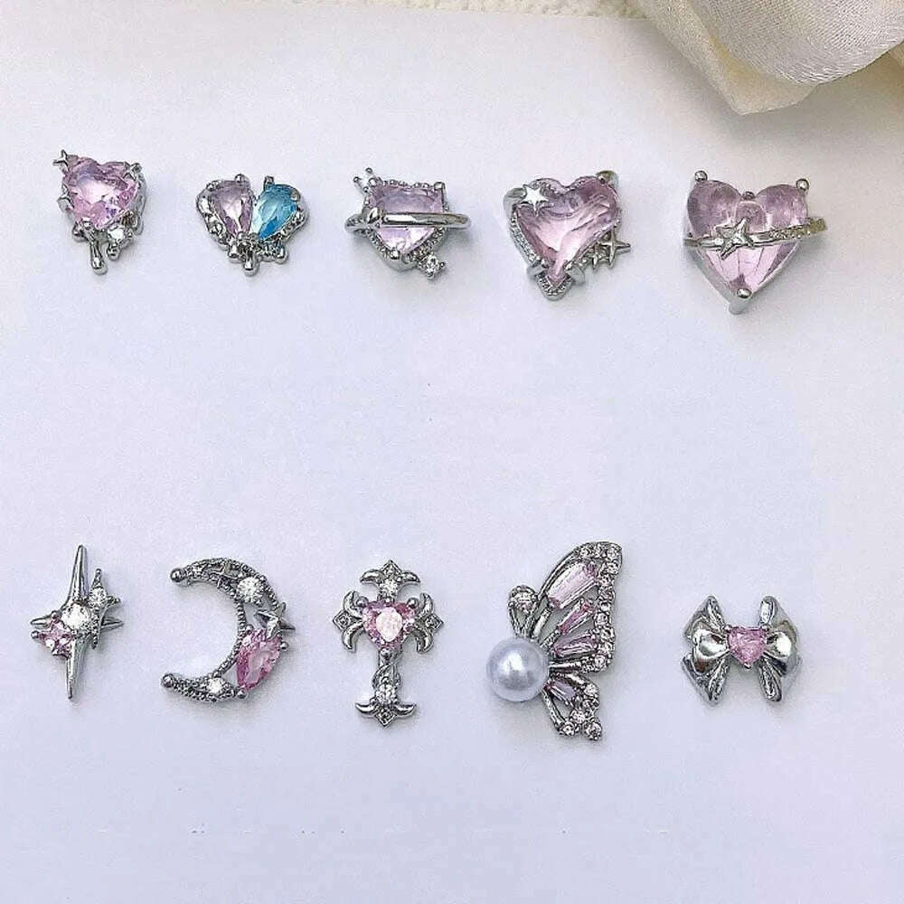 5pcs Pink Zircon Alloy Love Nail Art Charm 3D Bow Heart Moon Butterfly Planet Nail Decoration DIY Simple Design Nail Accessories - KIMLUD