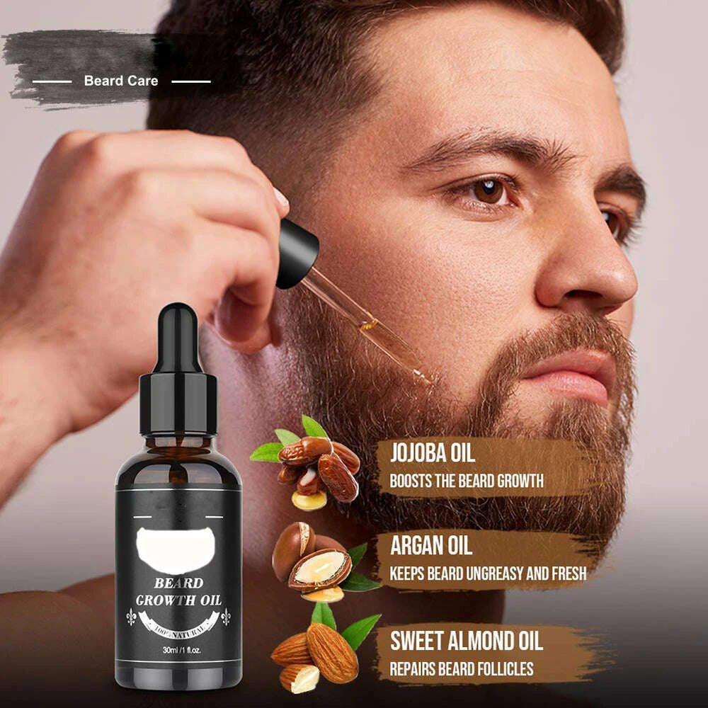 KIMLUD, 5pcs/set Beard Growth Kit For Men Hair Enhancer Thicker Mustache Grooming Beard Care Oil Moisturizer Wax Balm With Roller Comb, KIMLUD Womens Clothes