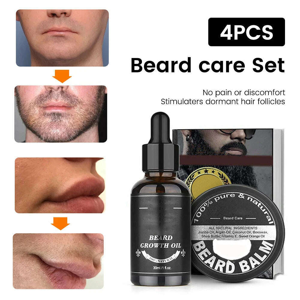 KIMLUD, 5pcs/set Beard Growth Kit For Men Hair Enhancer Thicker Mustache Grooming Beard Care Oil Moisturizer Wax Balm With Roller Comb, KIMLUD Womens Clothes